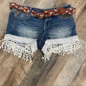 LEI denim and lace fringe shorts with belt